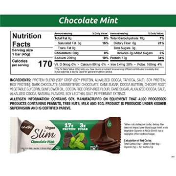 Nugo Slim Dark Chocolate Mint, 18g Vegan Protein, 3g Sugar, 6g Fiber, Low Net Carb, Keto Friendly, Gluten Free, 24 Count