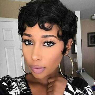 Pobokix Finger Wave Wig Human Hair Pixie Cut Wig Short Curly Virgin Hair Wigs Mommy Wigs Short Class...