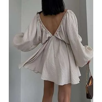 Antinson Womens Deep V Neck Puff Sleeve Elastic High Waist A-Line Swing Mini Dress(Beige,L)