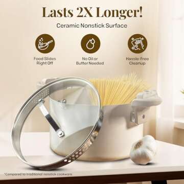 GOTHAM STEEL 5 Qt Ceramic Stock Pot Multipurpose Pasta Pot with Strainer Lid & Twist and Lock Handles, Nonstick Ceramic Pot for Soup, Spaghetti, Rice, Pots for Kitchen, Dishwasher Safe - Cream