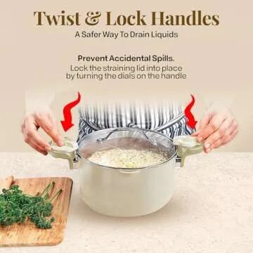 GOTHAM STEEL 5 Qt Ceramic Stock Pot Multipurpose Pasta Pot with Strainer Lid & Twist and Lock Handles, Nonstick Ceramic Pot for Soup, Spaghetti, Rice, Pots for Kitchen, Dishwasher Safe - Cream