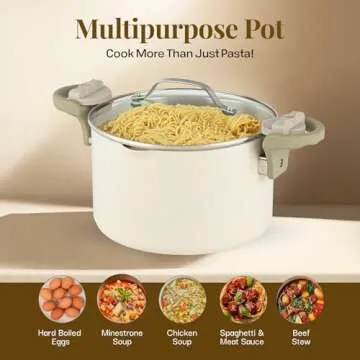 GOTHAM STEEL 5 Qt Ceramic Stock Pot Multipurpose Pasta Pot with Strainer Lid & Twist and Lock Handles, Nonstick Ceramic Pot for Soup, Spaghetti, Rice, Pots for Kitchen, Dishwasher Safe - Cream