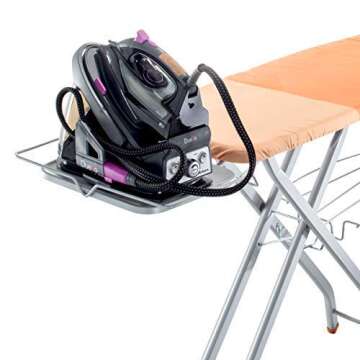 Bartnelli Pro Ironing Board with Steam Station Rest | Made in Europe | Adjustable Height with Storage Tray for Your Ironed Clothes | Includes Rack for Hanging Hangers (Ironing Surface Size 48x16”)