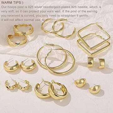 Chunky Gold Hoop Earrings Set for Women, 9 Pair 14K Gold Plated Thick Open Small/Big Hoops Jewelry Gift (A-Gold)
