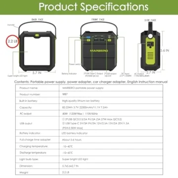 MARBERO Portable Power Station 83Wh Small Generator Solar Power Bank Peak 120W Camping Laptop Charger Emergency Battery Pack with AC Outlet 4 USB Ports with Flashlight for Outdoor Home Travel