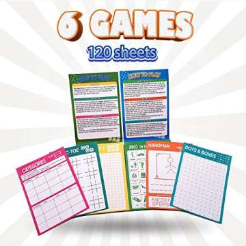 GRANDLMOON 6 Portable Travel Game Activities Notepad On The Go Plane Trip Game 4 x 6-inches (2 Pads and 60 Sheets Each)