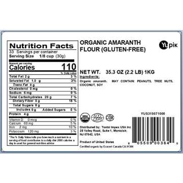 Yupik Organic Amaranth Flour, Gluten-Free, 2.2 lb, 35.2 Oz, Non-GMO, Vegan, Pack of 1