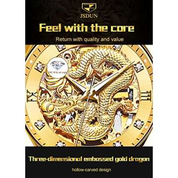 JSDUN Men's Watch Automatic Mechanical Hollow Dragon Watch Luxury Formal Gold Black Diamond 50M Waterproof Tungsten Steel Luminous Watch