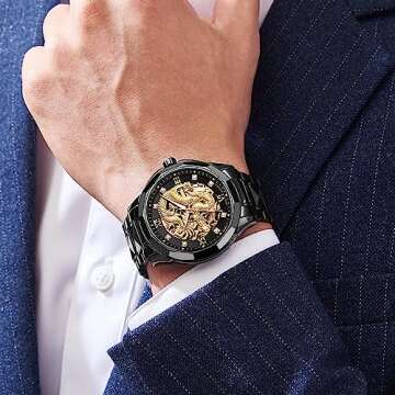 JSDUN Men's Watch Automatic Mechanical Hollow Dragon Watch Luxury Formal Gold Black Diamond 50M Waterproof Tungsten Steel Luminous Watch