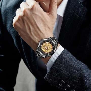 JSDUN Men's Watch Automatic Mechanical Hollow Dragon Watch Luxury Formal Gold Black Diamond 50M Waterproof Tungsten Steel Luminous Watch