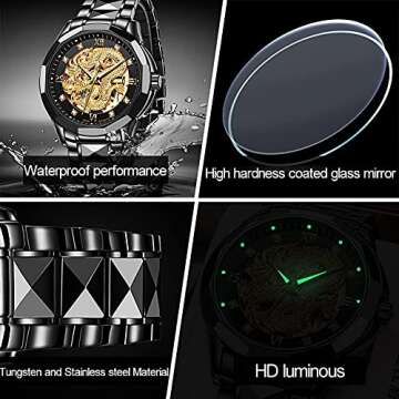 JSDUN Men's Watch Automatic Mechanical Hollow Dragon Watch Luxury Formal Gold Black Diamond 50M Waterproof Tungsten Steel Luminous Watch