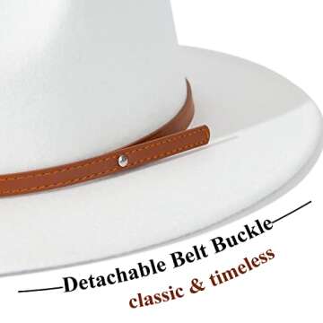 Lisianthus Womens Wide Brim Fedora Hat Felt Jazz Cap with Belt Buckle Decor Brown Belt-White M