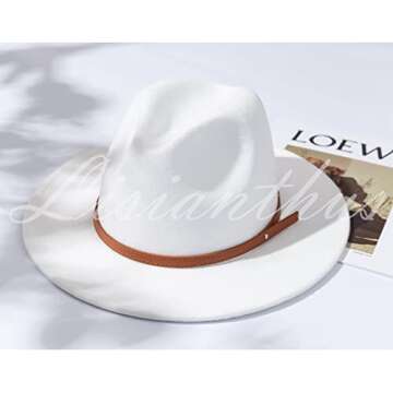 Lisianthus Womens Wide Brim Fedora Hat Felt Jazz Cap with Belt Buckle Decor Brown Belt-White M