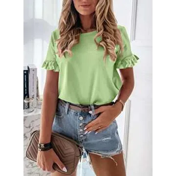 PRETTYGARDEN Women's Short Sleeve Casual T Shirts Summer Ruffle Plain Round Neck Loose Fit Tee Blouse Tops Light Green