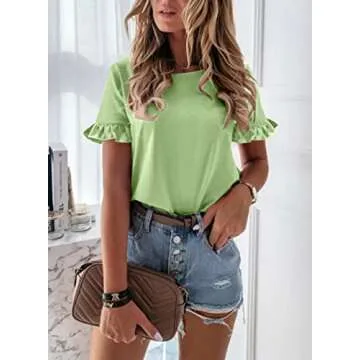 PRETTYGARDEN Women's Short Sleeve Casual T Shirts Summer Ruffle Plain Round Neck Loose Fit Tee Blouse Tops Light Green
