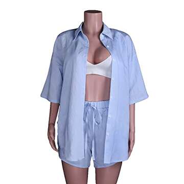 Ulekuke Womens 2 Piece Outfits Casual Loungewear Sets Stripe Long Sleeve Shirt And Loose High Waisted Mini Shorts Set(BU-L)