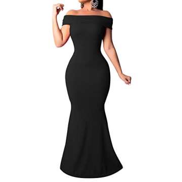 LAGSHIAN Women Elegant Back Ruffles Sexy Off Shoulder Gown Maxi Evening Party Mermaid Dress Black