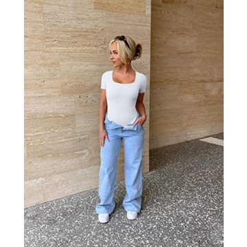 OQQ Women's 2 Piece Ribbed Square Neck Bodysuit Set