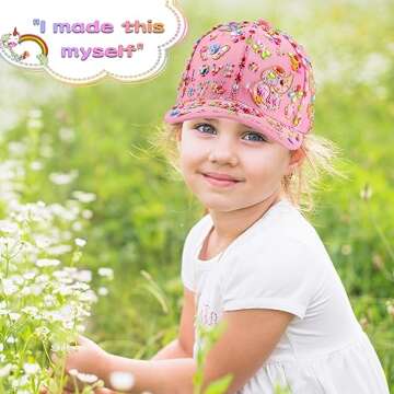 Pongime Gifts for Girls DIY Baseball Cap, Art and Craft for Girls Decorate Your Own Baseball Cap with 8 Sheets Glitter Sticker, Unicorn Baseball Cap Girls Christmas Gifts 4-12 Years