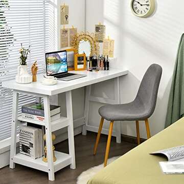 Tangkula White Desk with Shelves, Modern Trestle Desk Home Office Desk with Storage Shelf, Space Sav...