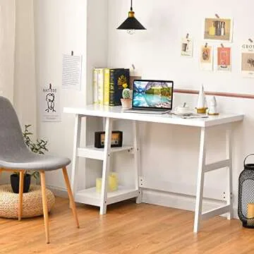 Tangkula White Desk with Shelves, Modern Trestle Desk Home Office Desk with Storage Shelf, Space Saving Study Writing Desk, Desk for Bedroom
