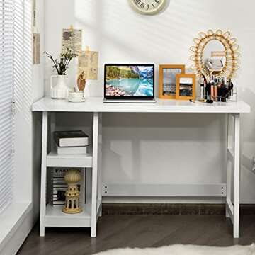 Tangkula White Desk with Shelves, Modern Trestle Desk Home Office Desk with Storage Shelf, Space Saving Study Writing Desk, Desk for Bedroom