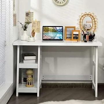 Tangkula White Desk with Shelves, Modern Trestle Desk Home Office Desk with Storage Shelf, Space Saving Study Writing Desk, Desk for Bedroom