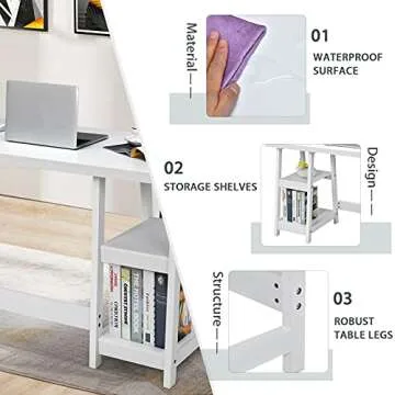 Tangkula White Desk with Shelves, Modern Trestle Desk Home Office Desk with Storage Shelf, Space Saving Study Writing Desk, Desk for Bedroom