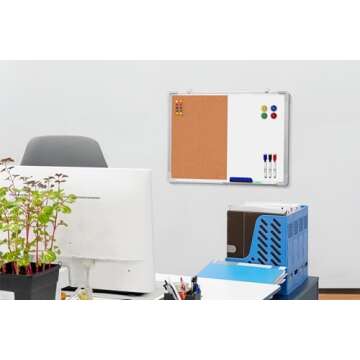 Combination Whiteboard Bulletin Board Set - 24 x 18 in Dry Erase/Cork Board with 1 Magnetic Dry Eraser, 4 Markers, 4 Magnets and 10 Thumb Tacks - Combo Tack Board White Board for Home Office Desk