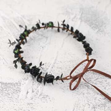 KorViSHOW Flower Crown Fairy headbands - Handmade Black Bohemian Bridal Headpieces Garland Renaissance Weeding Crowns for Women Girls Lady Diy Party Vacation Festival Photography Props Rose