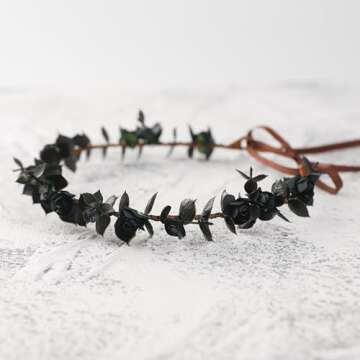 KorViSHOW Flower Crown Fairy headbands - Handmade Black Bohemian Bridal Headpieces Garland Renaissance Weeding Crowns for Women Girls Lady Diy Party Vacation Festival Photography Props Rose