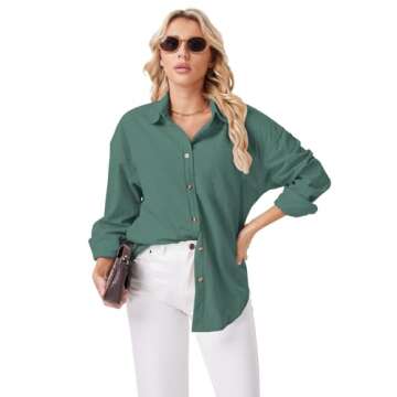 IPMQ Womens Corduroy Shirts Long Sleeve Button Down Blouse Oversized Boyfriend Jackets Tops Grey-Green