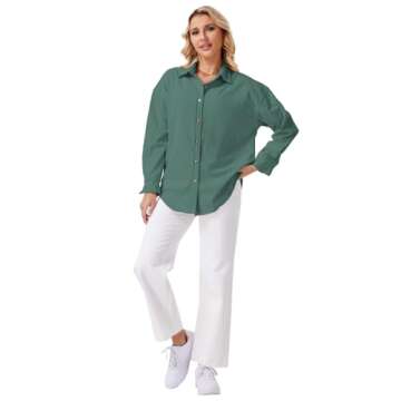 IPMQ Womens Corduroy Shirts Long Sleeve Button Down Blouse Oversized Boyfriend Jackets Tops Grey-Green