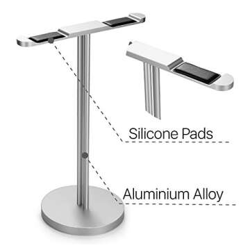 Flexzion Dual Headphone Stand Desk Display, Aluminum Alloy Metal Gaming Headset Holder for Earphones Hyperx, JBL, Bose, Beats, Sony, Sennheiser, PS4, Logitech Xbox Office Station Music Studio (Silver)