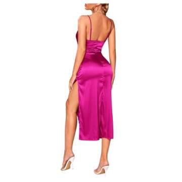 Floerns Women's Cowl Neck Spaghetti Strap Stain Cocktail Long Slip Midi Dress Hot Pink M
