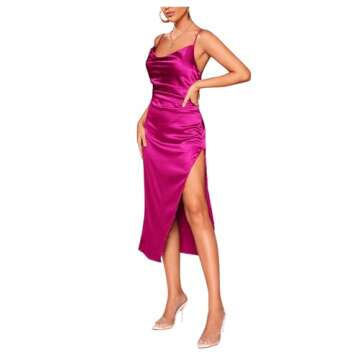 Floerns Women's Cowl Neck Spaghetti Strap Stain Cocktail Long Slip Midi Dress Hot Pink M