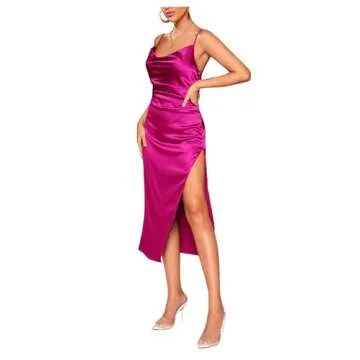 Floerns Women's Cowl Neck Spaghetti Strap Stain Cocktail Long Slip Midi Dress Hot Pink M