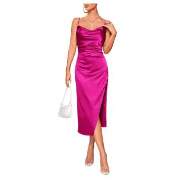 Floerns Women's Cowl Neck Spaghetti Strap Stain Cocktail Long Slip Midi Dress Hot Pink M