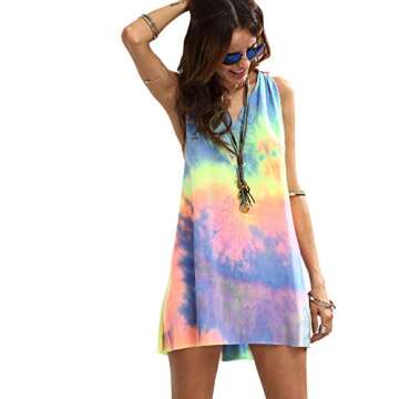 Romwe Women's Sleeveless V Neck Tie Dye Tunic Tops Casual Swing Tee Shirt Dress Multicolored S