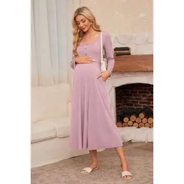 OUGES Women's Maternity Dress - Long Sleeve Maxi for Baby Shower and Photoshoot, Pink