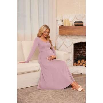 Elegant OUGES Maternity Dress for Baby Shower - Long Sleeve Pink