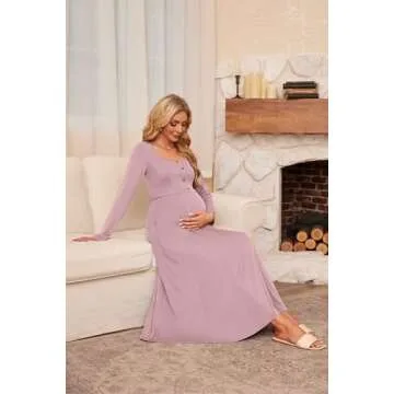 Elegant OUGES Maternity Dress for Baby Shower - Long Sleeve Pink