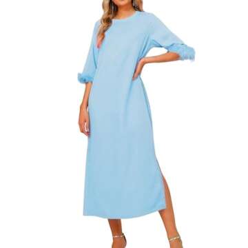 Womens 2024 Round 3/4 Sleeves Dress Feather Cuffs Maxi Length Dress with Slit Blue