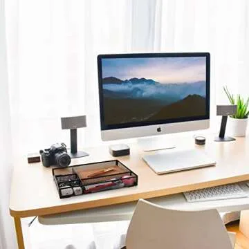 MBVVLZJVN Desk Drawer Organizer,5 Compartments Mesh Drawer Organizer Desk Organizer Tray, Office Supplies Desktop Storage with 2 Pack Binder Clips (Black)