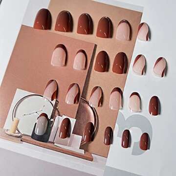 KXAMELIE Press on Nails Short Brown Stripes Full Cover Nude Glue on Nails Fake Nails with Nails Glue Glossy Oval False Nails Cute Nails Full Nail Press Ons Finger Manicure Acrylic Nails press on 24 PCS