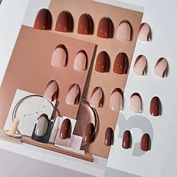 KXAMELIE Press on Nails Short Brown Stripes Full Cover Nude Glue on Nails Fake Nails with Nails Glue Glossy Oval False Nails Cute Nails Full Nail Press Ons Finger Manicure Acrylic Nails press on 24 PCS