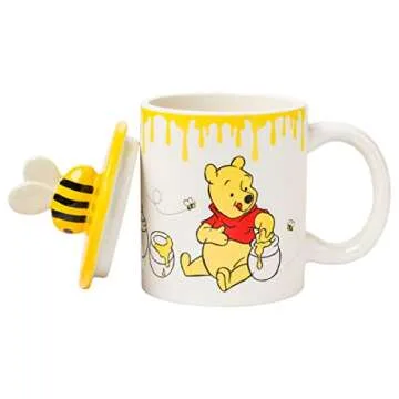 Silver Buffalo Disney Winnie the Pooh Eating Honey Ceramic Mug with Sculpted 3D Bee Lid, 18 Ounces