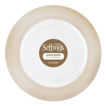 Wedding Venue Shop Textured Gold Rope Rim Plastic Charger Plates - 13" (Pack of 4) - Elegant & Durable for Entertaining, Dining, and Decor