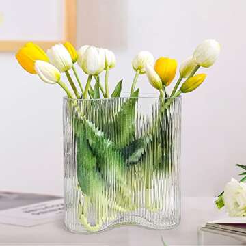 Aoderun Glass Vase for Flowers Modern Large Flower Vase Footprint Shape Ribbed Vase for Living Room Dining&Coffee Table Kitchen Office Home Shelf Wedding Party Decor(Clear)