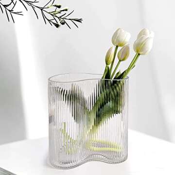 Aoderun Glass Vase for Flowers Modern Large Flower Vase Footprint Shape Ribbed Vase for Living Room Dining&Coffee Table Kitchen Office Home Shelf Wedding Party Decor(Clear)